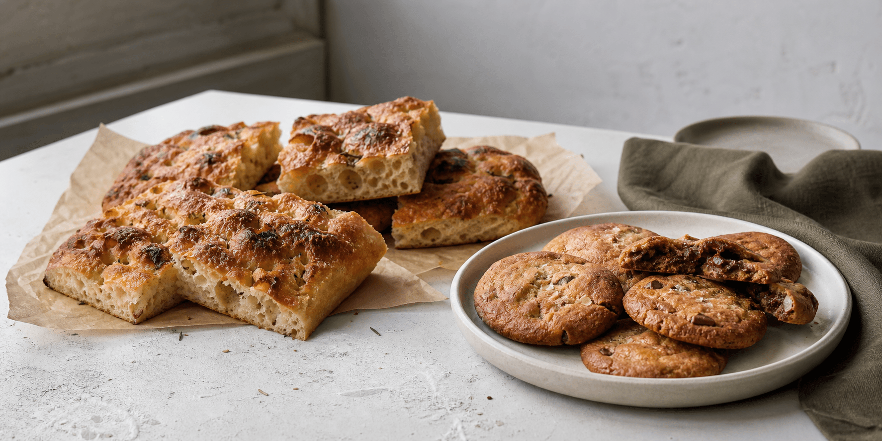 Sourdough cookies and focaccia on a minimal bakery table